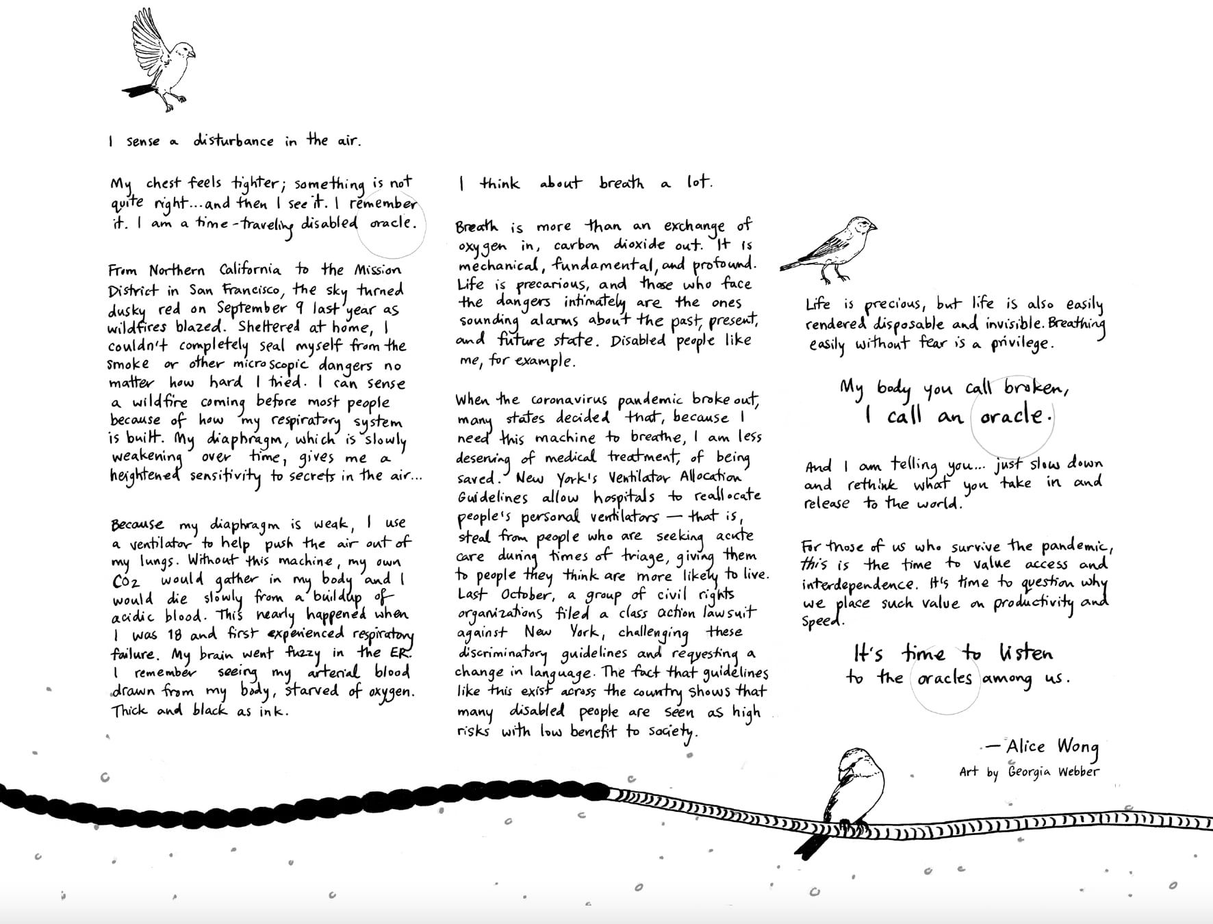 Screenshot of editorial handwritten by Georgia Webber with artwork and text in black. On the top and bottom there are small gray and black smudgy dots like smoke particulates. At the bottom in a curvy horizontal row is black and translucent tubing that is used for a ventilator with one canary perched on it. Two other canaries are interspersed within the text.