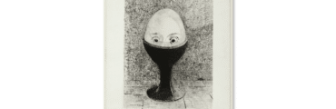 A black and white lithograph of an egg head with eyes half emerging from a black stand. Odilon Redon, The Egg, 1885. Lithograph in black on ivory china paper laid down on ivory wove paper, 17.25 × 12.36 inches (sheet), art institute chicago