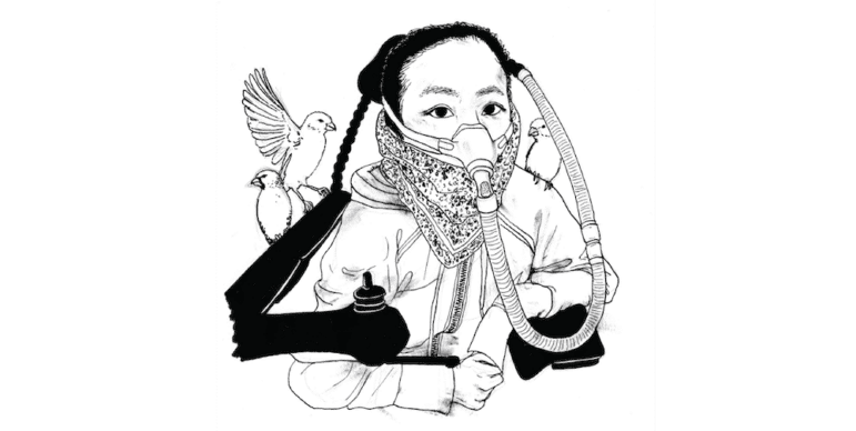 Portrait by Georgia Webber of Alice Wong in black, an Asian American woman in a power chair with a bandana over her mouth and a mask over her nose attached to a tube for her ventilator. Her arms are resting on black armrests and there two canaries on the left, one perched on the armrest and one with its wings expanding. On the right is another canary perched on her shoulder.
